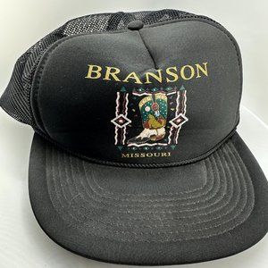 Vintage Branson Missouri Snapback Trucker Hat Mesh Black Rope Cowboy boot